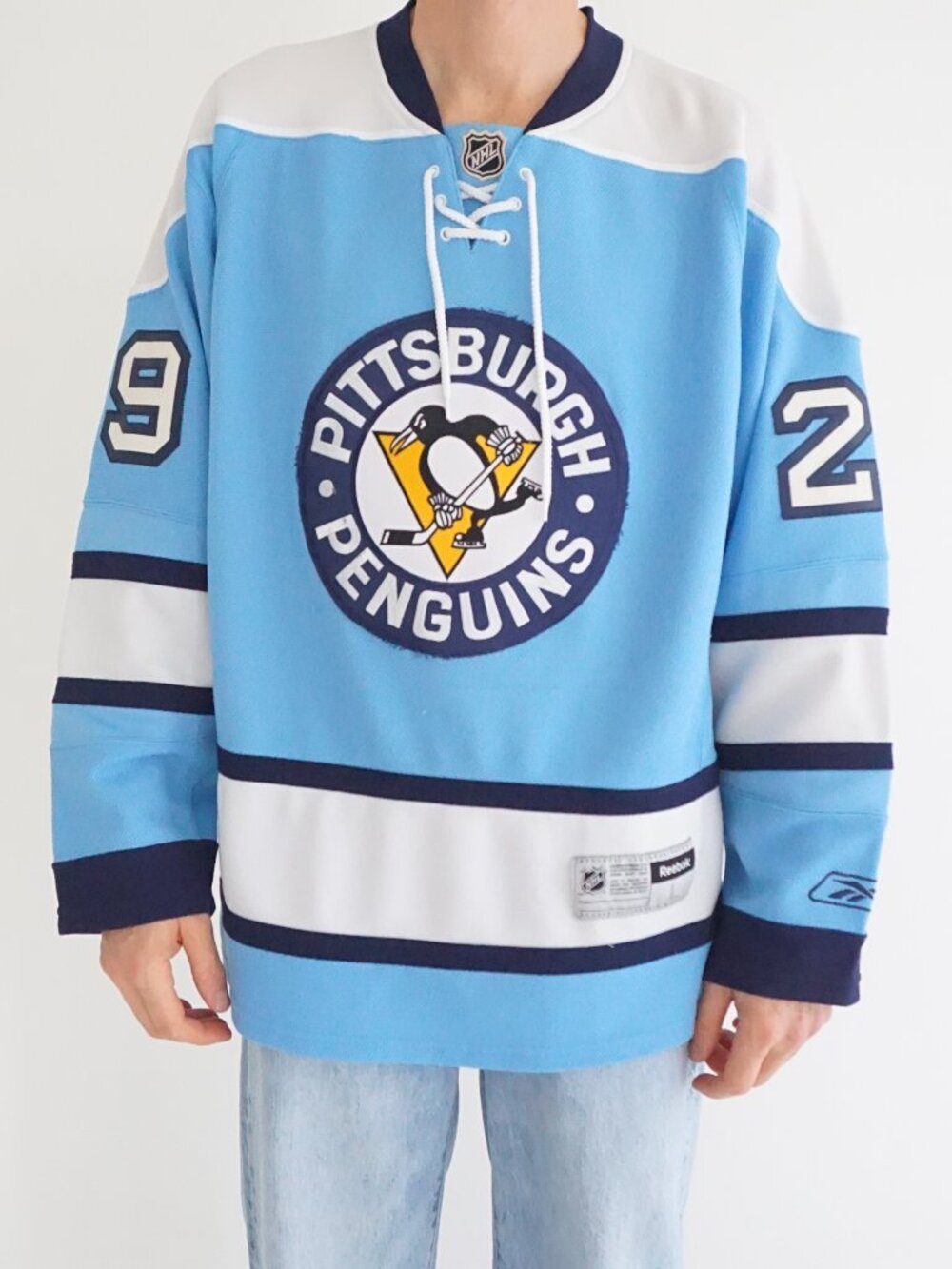 Reebok Pittsburgh Penguins Baby Blue White NHL Hockey Throwback Lace Up Jersey L